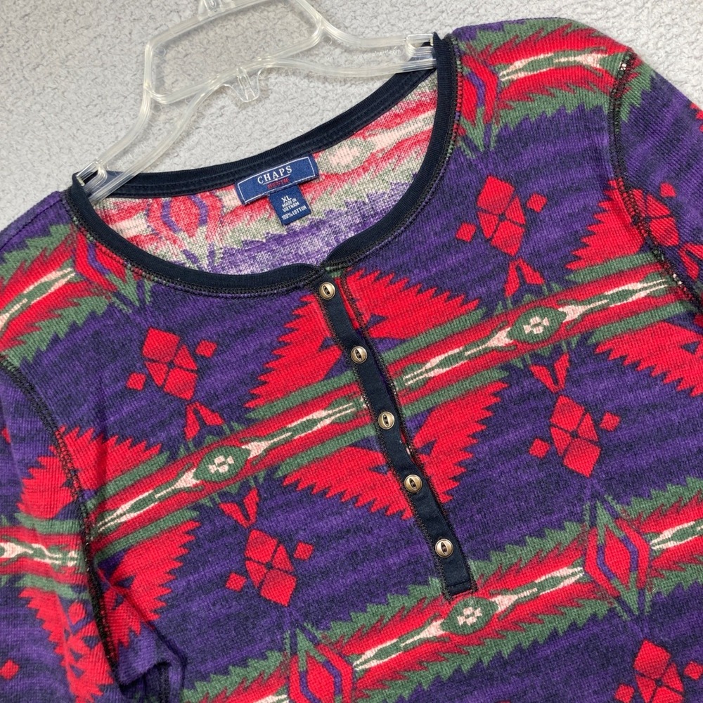 Chaps Denim Thermal Henley Top Womens XL Southwestern Waffle Knit Purple Red